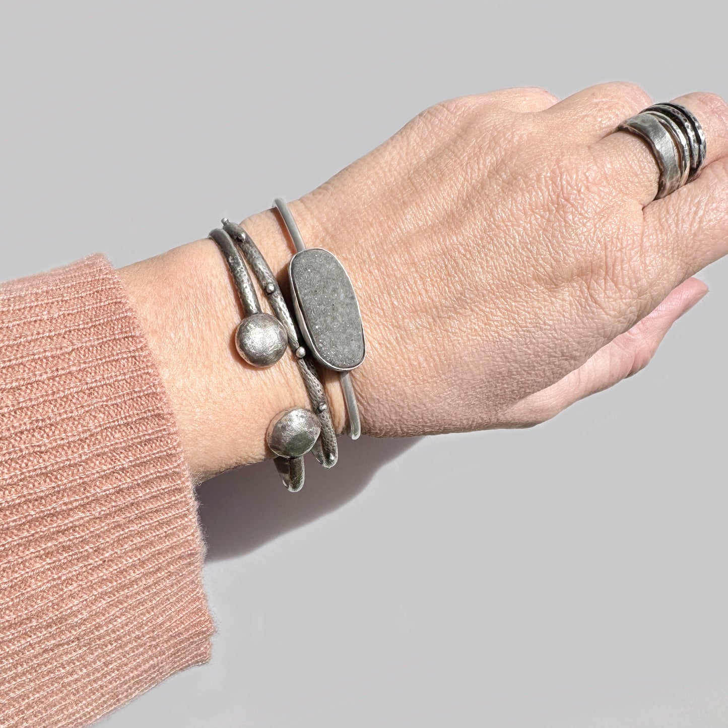 Dark Sparkle Druzy Cuff – Adjustable Sterling Silver Bracelet