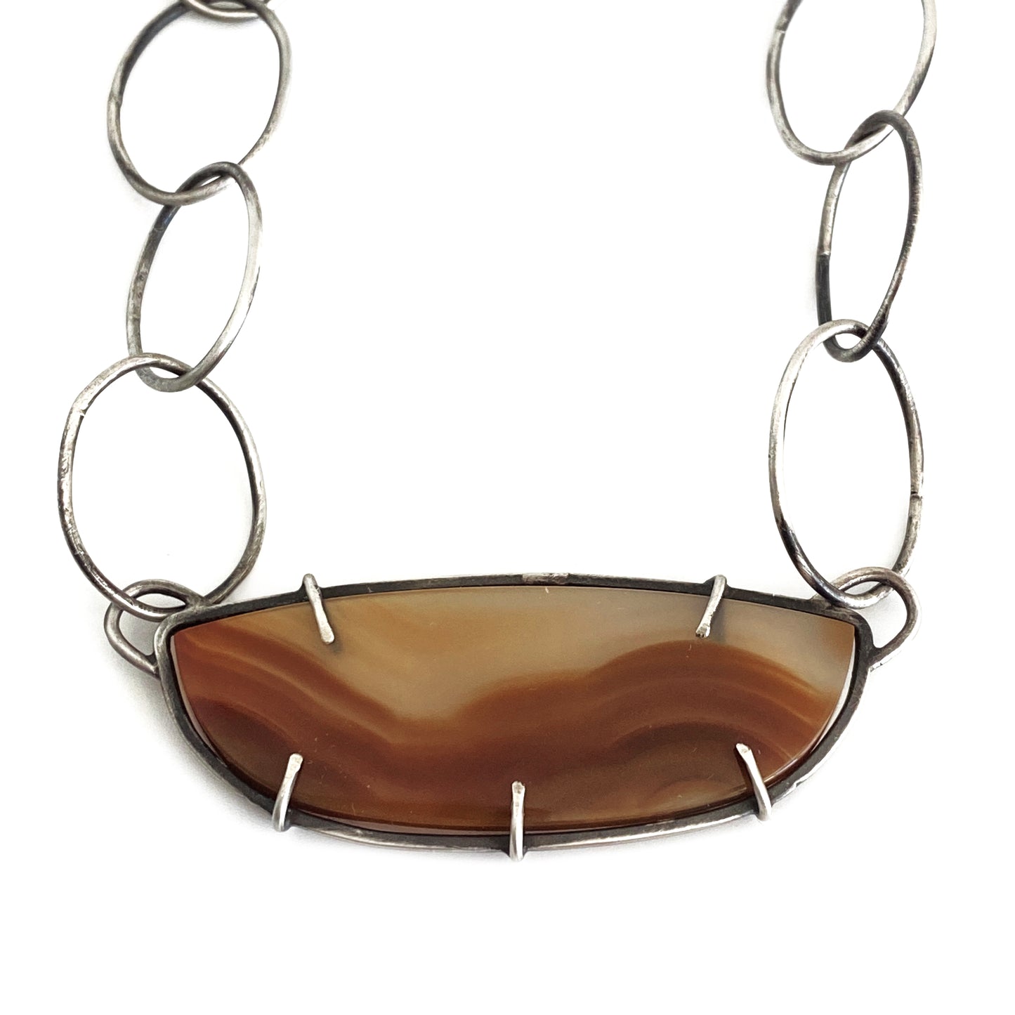 Prong Set Agate Pendant Necklace with Sterling Silver Links | Handmade Statement Piece