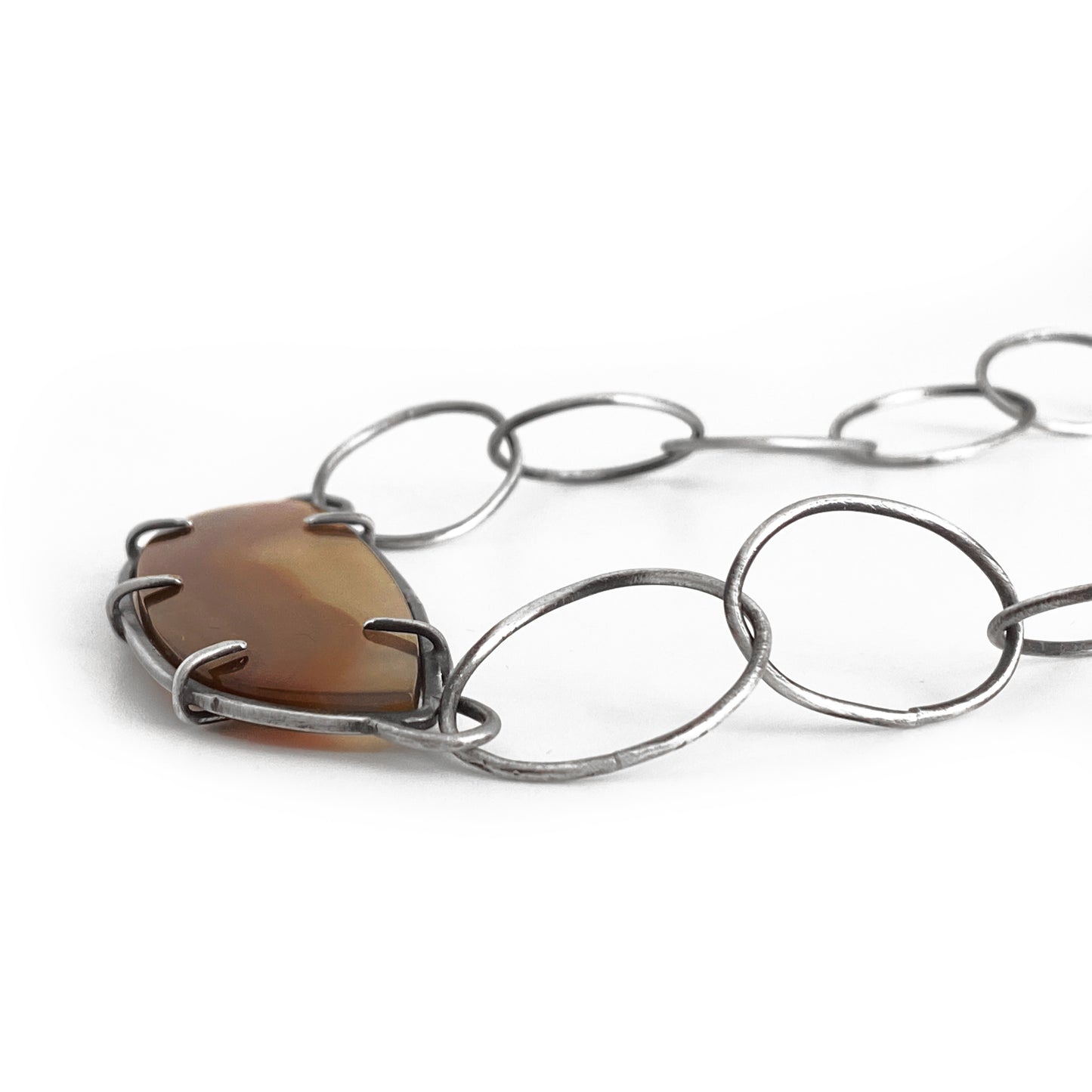 Prong Set Agate Pendant Necklace with Sterling Silver Links | Handmade Statement Piece