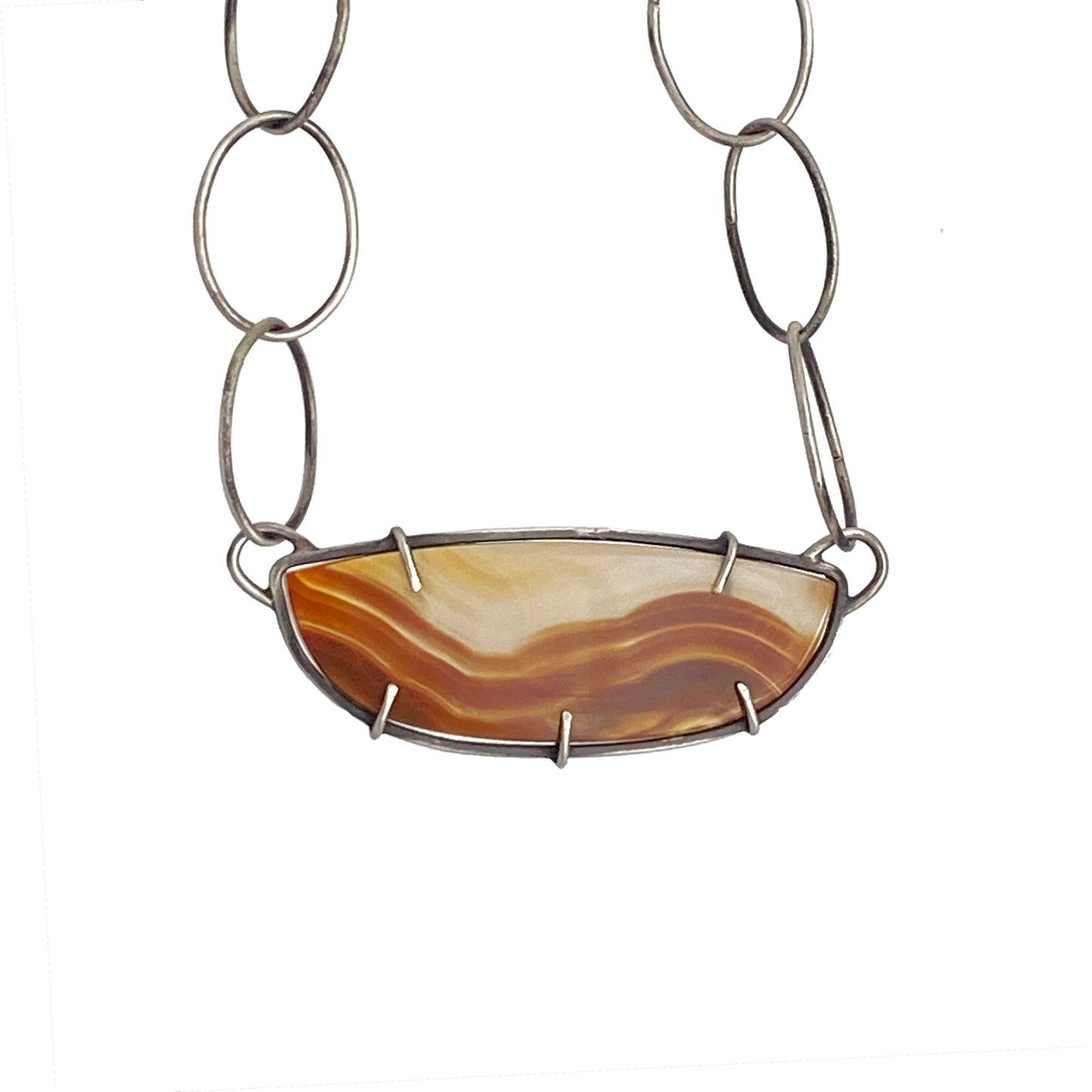 Prong Set Agate Pendant Necklace with Sterling Silver Links | Handmade Statement Piece