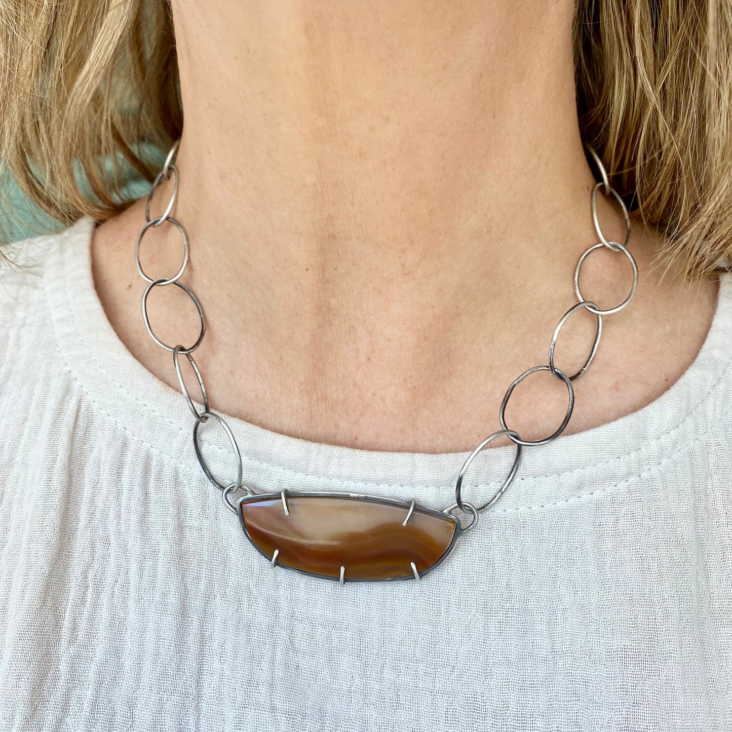 Prong Set Agate Pendant Necklace with Sterling Silver Links | Handmade Statement Piece