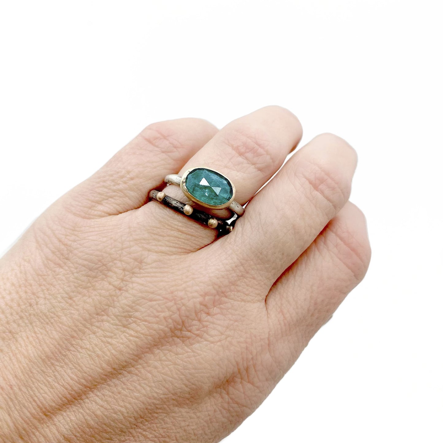 14K gold and sterling silver prehnite ring