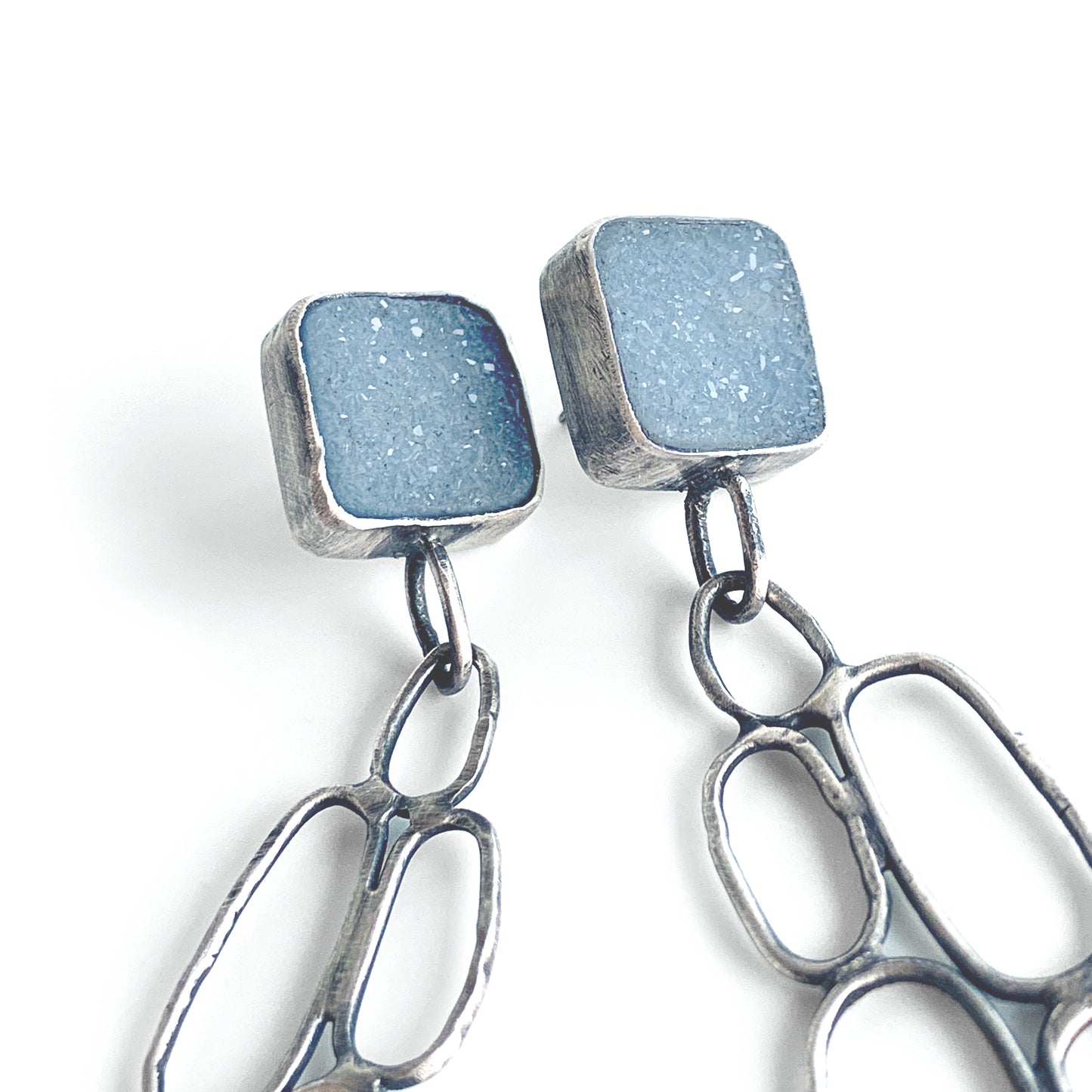 Sparkly blue druzy dangle earrings with organic oval drops