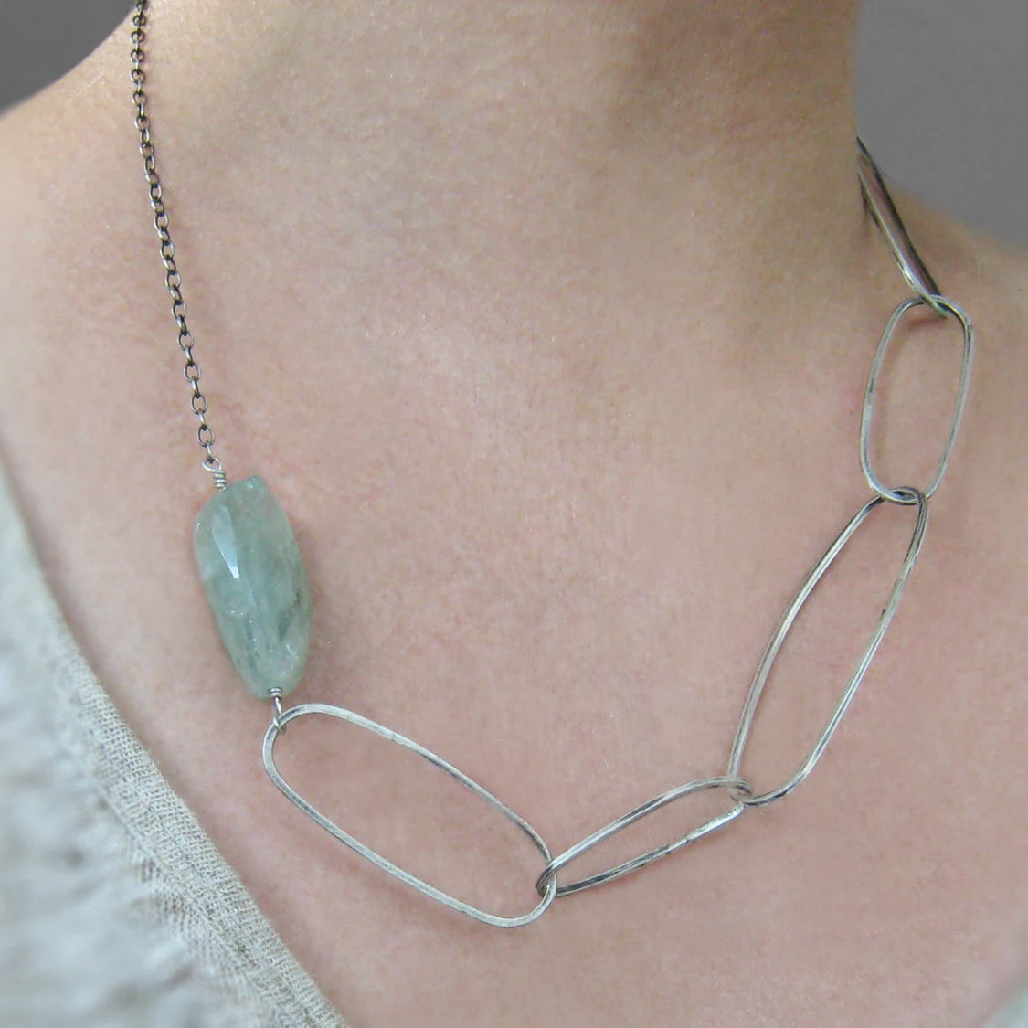 Faceted aquamarine necklace with organic sterling silver links