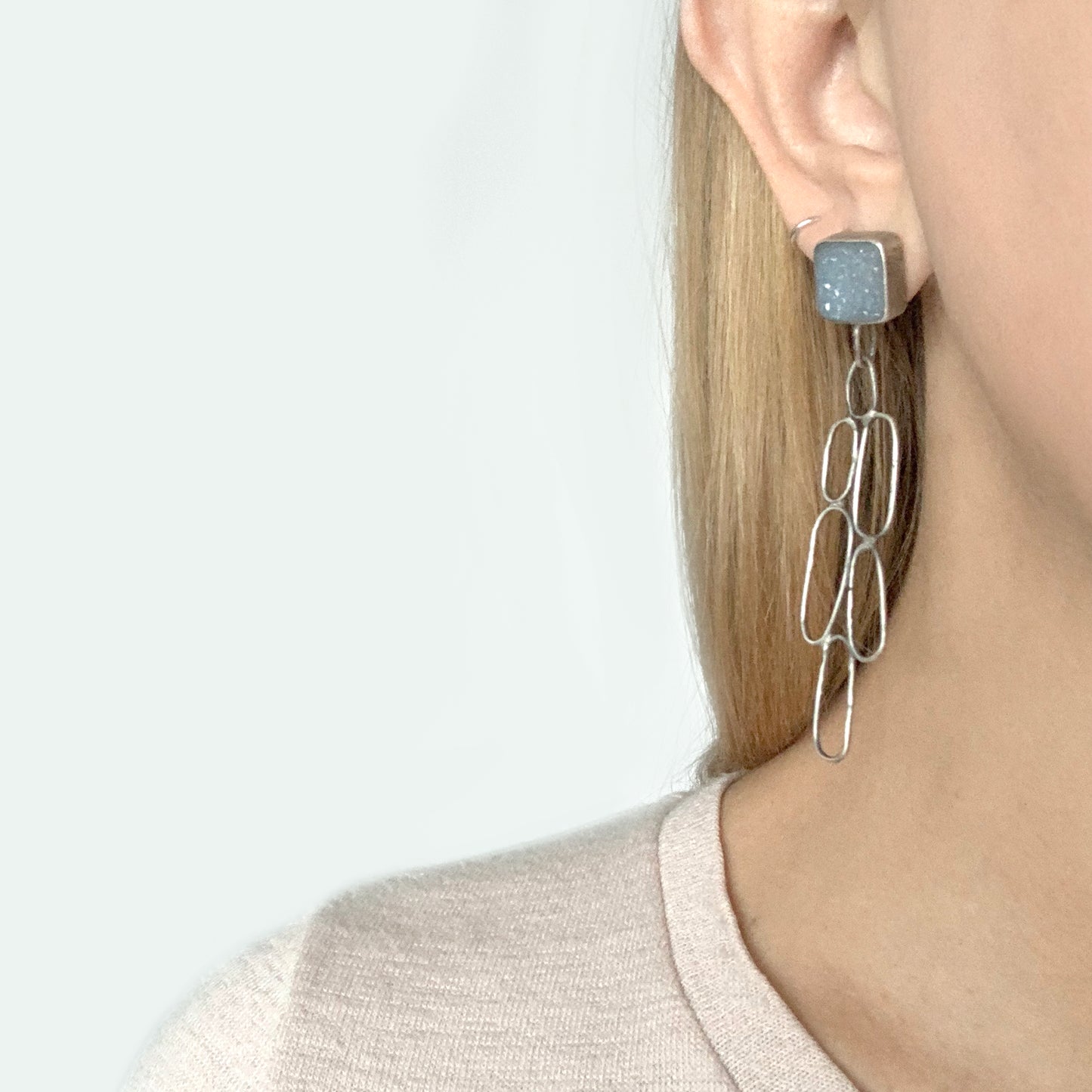 Sparkly blue druzy dangle earrings with organic oval drops