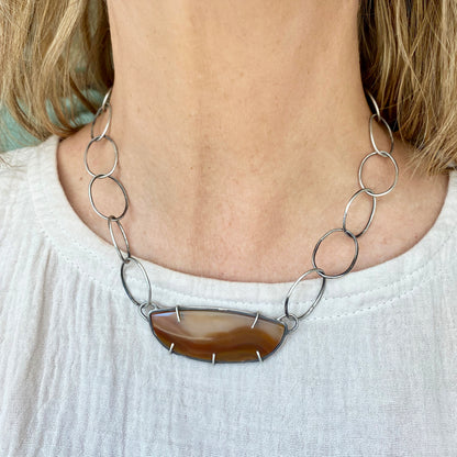 Prong Set Agate Pendant Necklace with Sterling Silver Links | Handmade Statement Piece