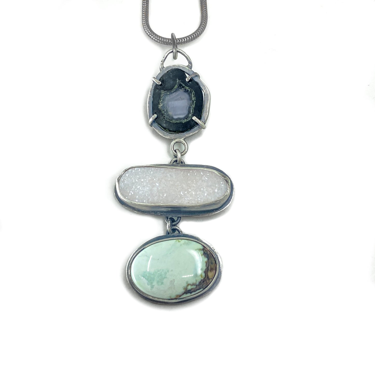 Triple pendant necklace with poseidon variscite, druzy & black baby geode