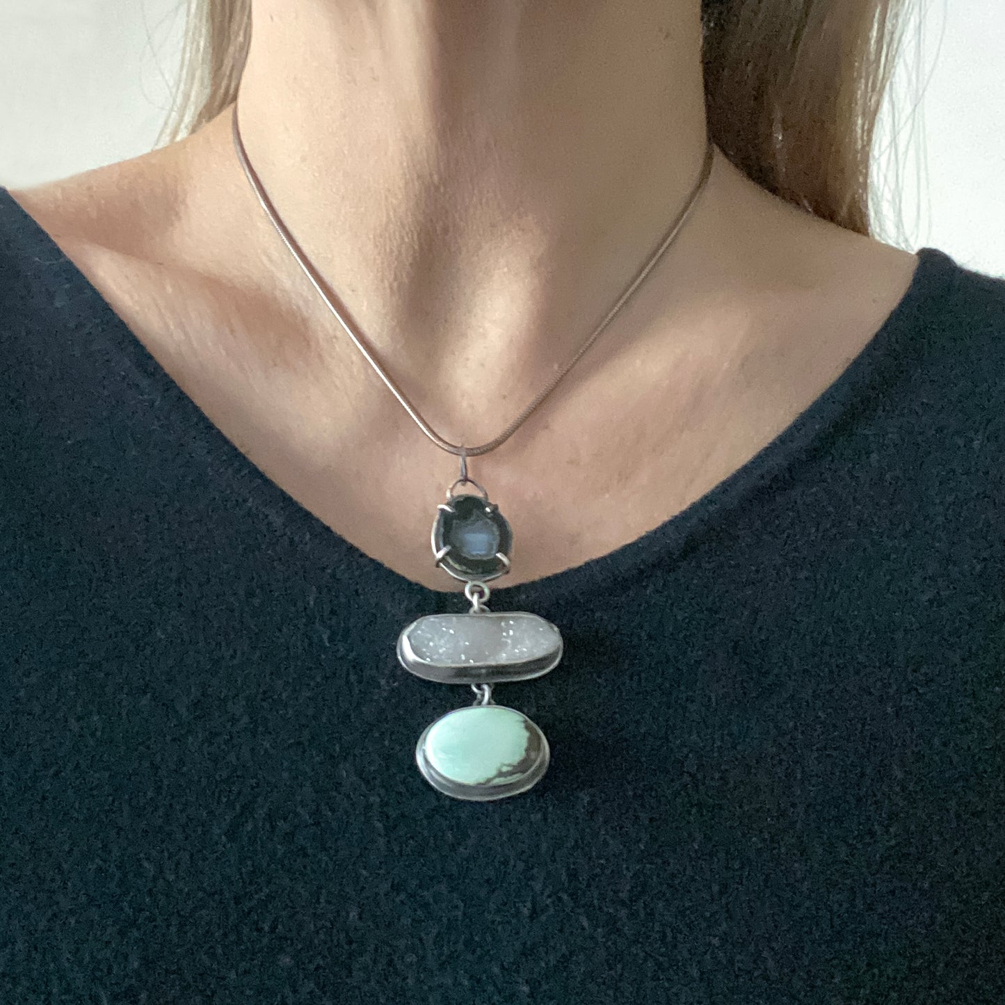 Triple pendant necklace with poseidon variscite, druzy & black baby geode