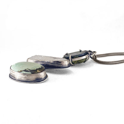 Triple pendant necklace with poseidon variscite, druzy & black baby geode