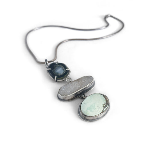Triple pendant necklace with poseidon variscite, druzy & black baby geode